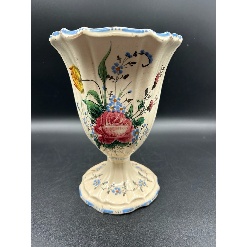 VTG Italian Majolica Floral Pedestal Vase Hand Painted Signed Italy AD